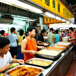 **

*   **Prompt:** A vibrant photo of a bustling Singapore hawker center, overflowing with diverse food stalls and locals enjoying delicious, affordable meals. Focus on the colors and textures of the food, and the lively atmosphere of the center. Emphasize the affordability with a visual cue, like a price tag showing a dish under $5 SGD. Include a subtle sign in the background indicating "Hawker Center" in both English and a local Singaporean language (e.g., Malay, Tamil, or Chinese).

**