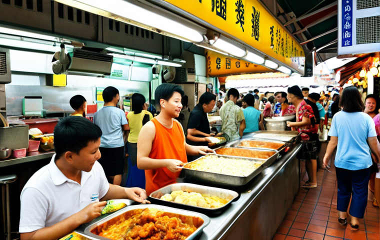 **

*   **Prompt:** A vibrant photo of a bustling Singapore hawker center, overflowing with diverse food stalls and locals enjoying delicious, affordable meals. Focus on the colors and textures of the food, and the lively atmosphere of the center. Emphasize the affordability with a visual cue, like a price tag showing a dish under $5 SGD. Include a subtle sign in the background indicating "Hawker Center" in both English and a local Singaporean language (e.g., Malay, Tamil, or Chinese).

**